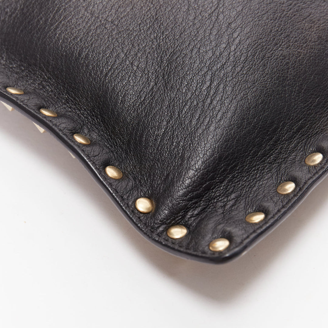 VALENTINO Rockstud black gold round studs logo triangle flat clutch bag