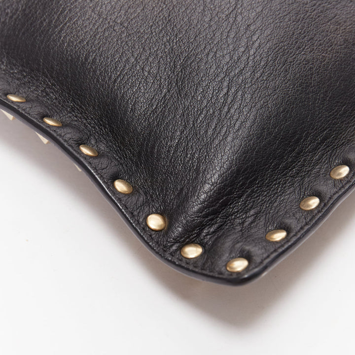 VALENTINO Rockstud black gold round studs logo triangle flat clutch bag