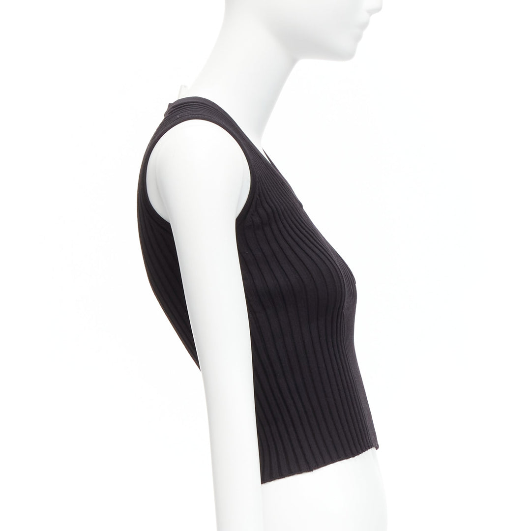 CHANEL 01A gold CC logo charm  black ribbed V neck cropped vest top FR38 M