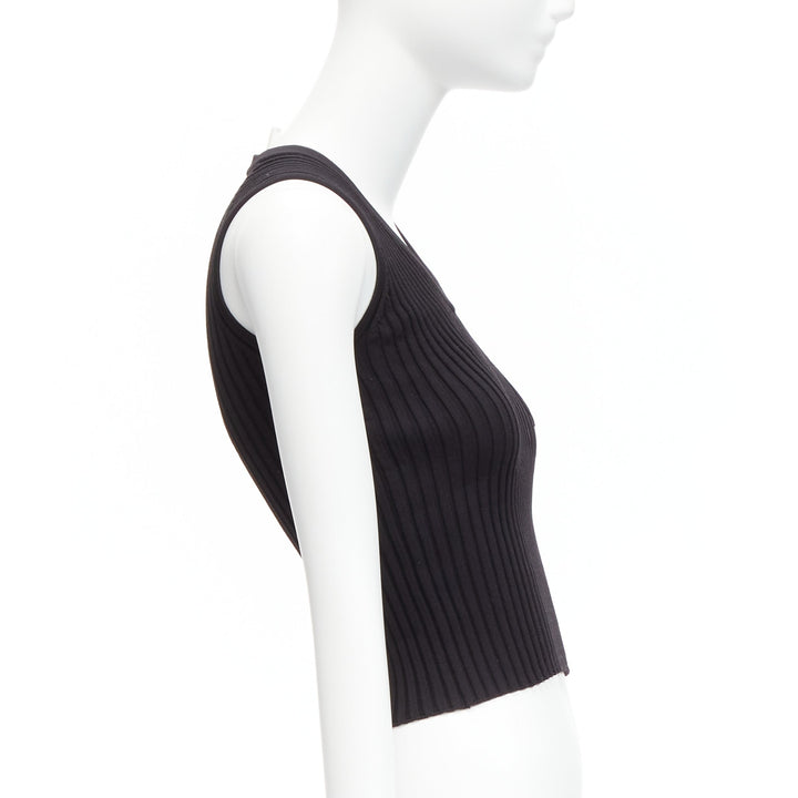 CHANEL 01A gold CC logo charm  black ribbed V neck cropped vest top FR38 M
