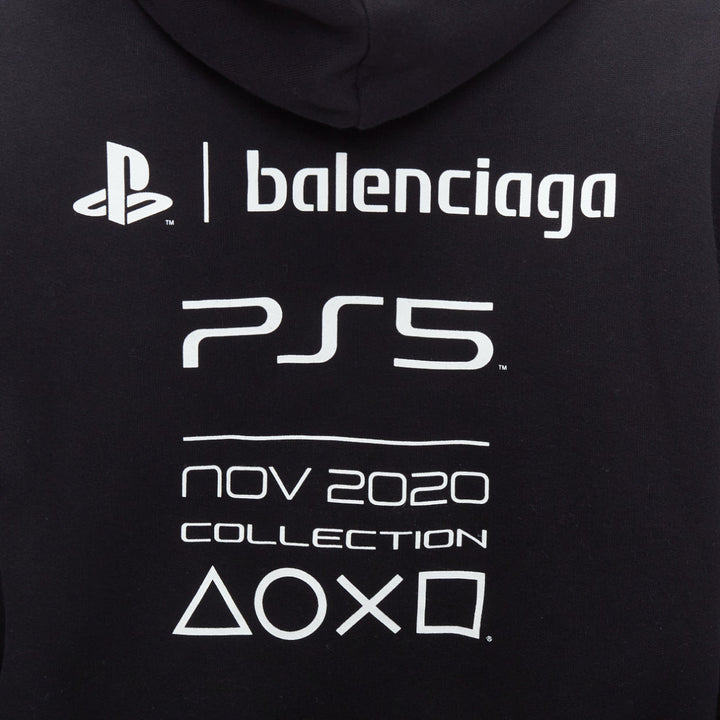 BALENCIAGA Demna 2021 black cotton PS5 logo fitted cropped hoodie M