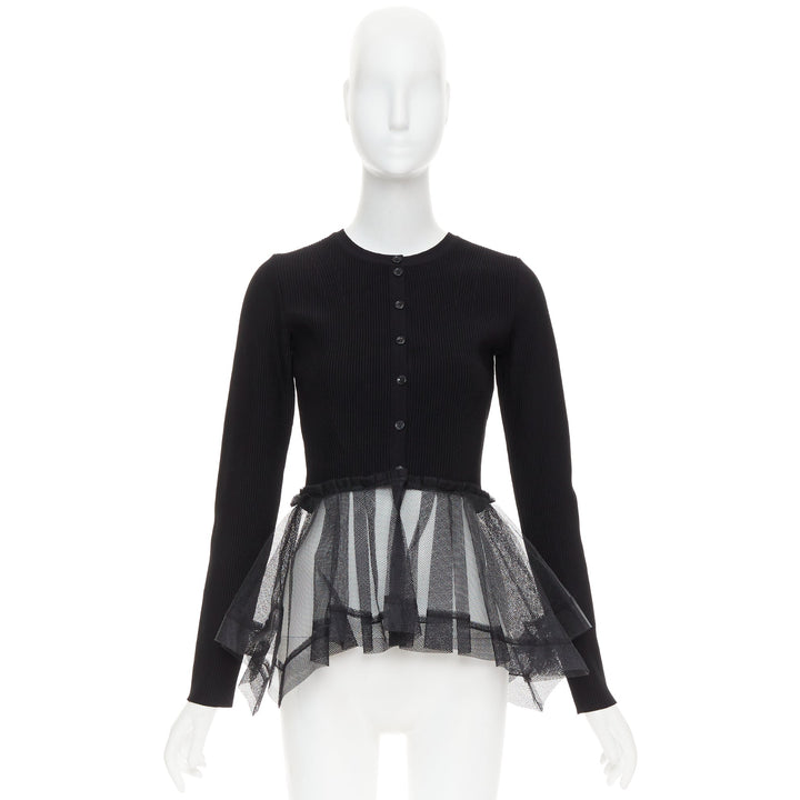 ALEXANDER MCQUEEN 2023 black ribbed stiff sheer tulle peplum cardigan sweater S