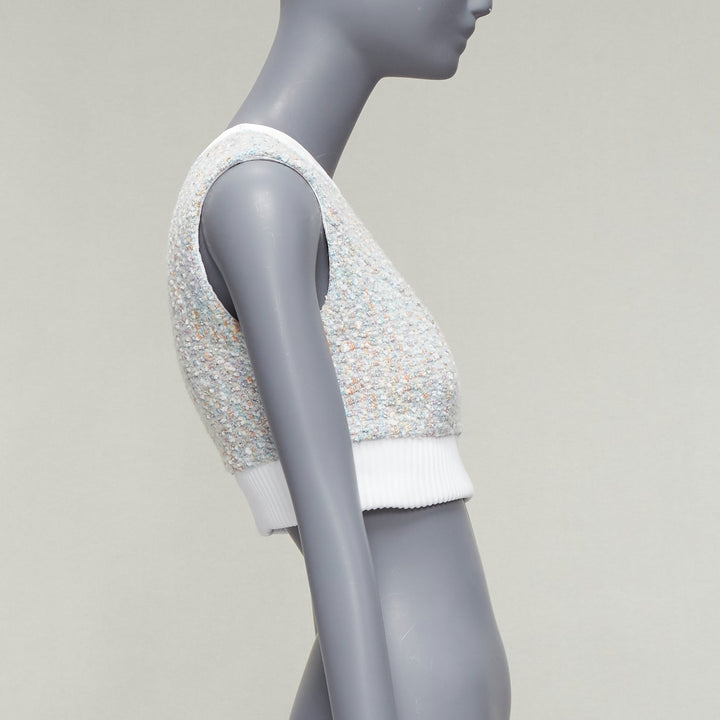 LOUIS VUITTON 2023 Runway pastel white boucle tweed crew crop top FR34 XS