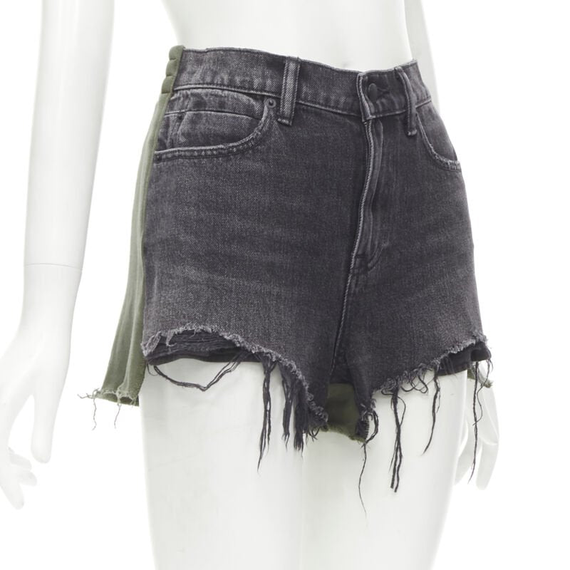 ALEXANDER WANG Bite Clash High Rise black denim green sweats cut off shorts 24"