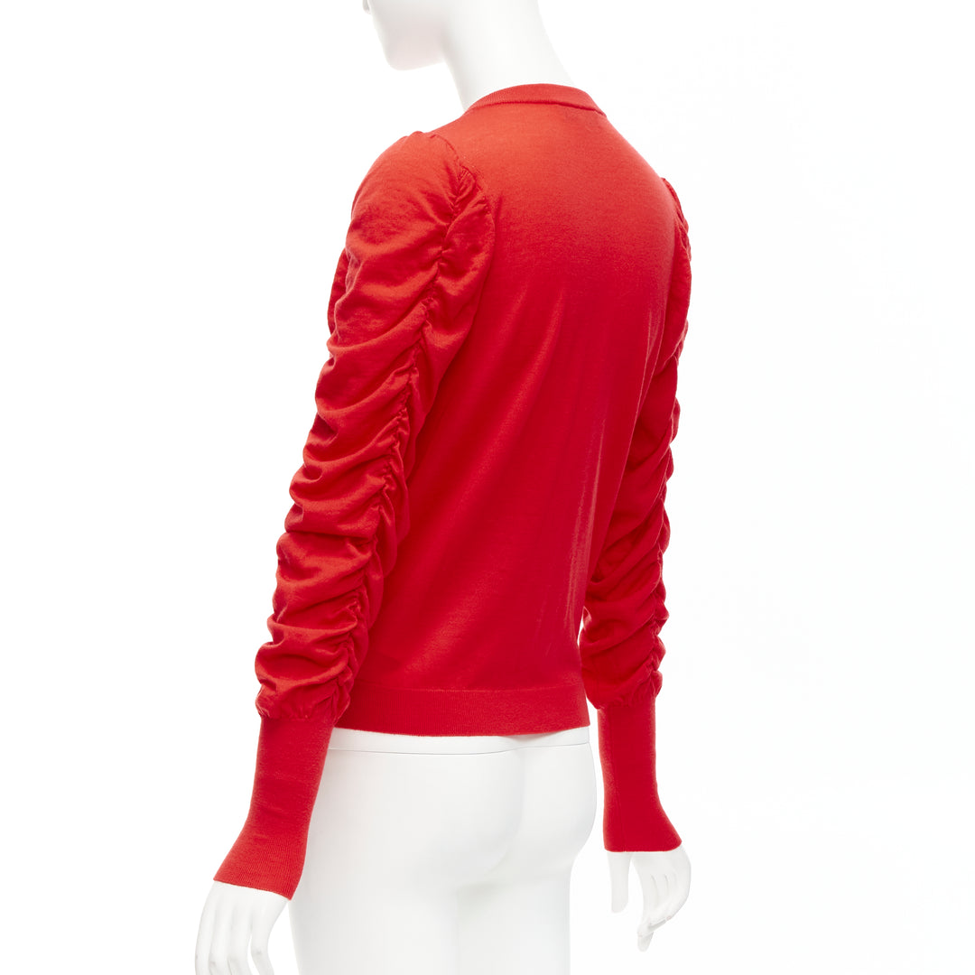 DICE KAYEK red 100% wool ruched sleeves crew neck cardigan sweater FR36 S