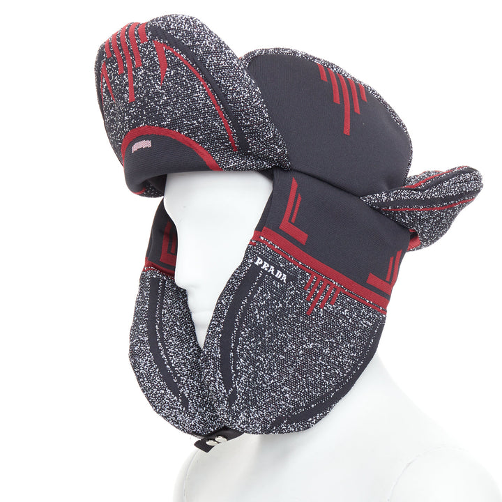 rare PRADA 2019 Runway red grey logo jacquard padded trapper hat L