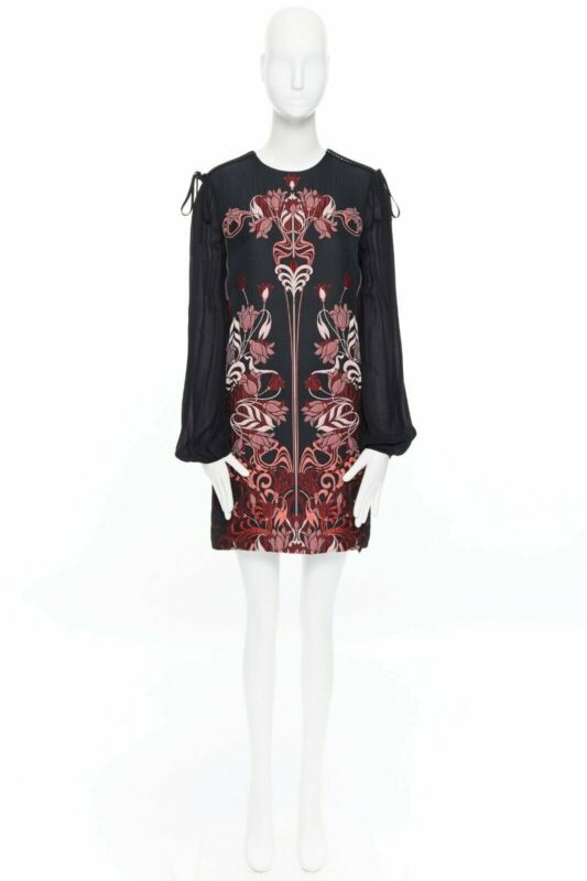 GIAMBA GIAMBATTISTA VALLI black red floral loque semi sheer sleeves dress XXS