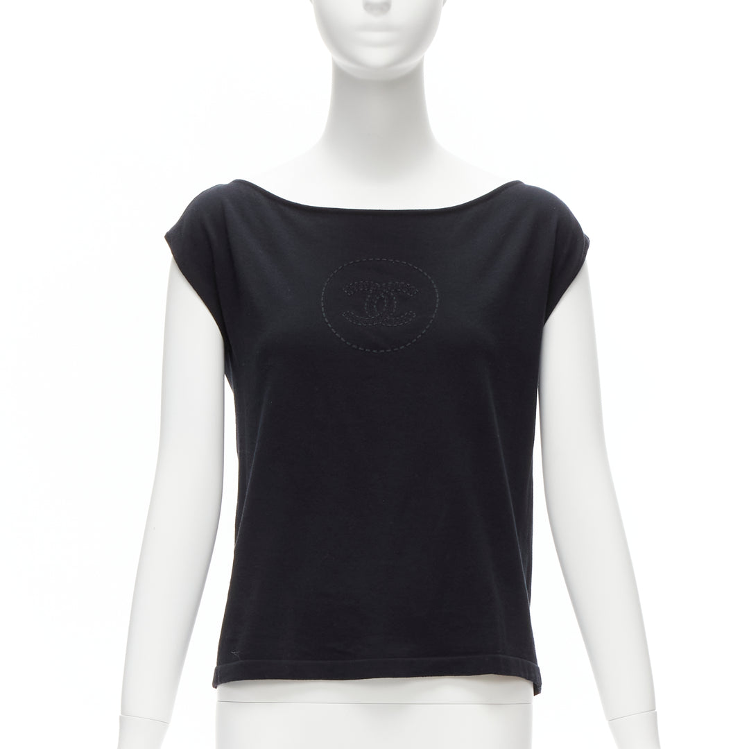 CHANEL 07P Vintage black CC logo topstitch cotton boat neck top FR36 S