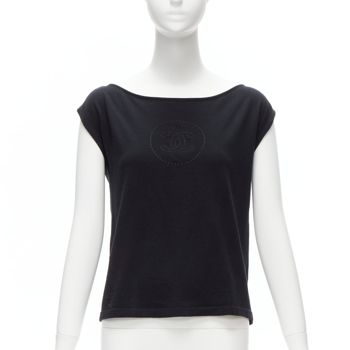 CHANEL 07P Vintage black CC logo topstitch cotton boat neck top FR36 S