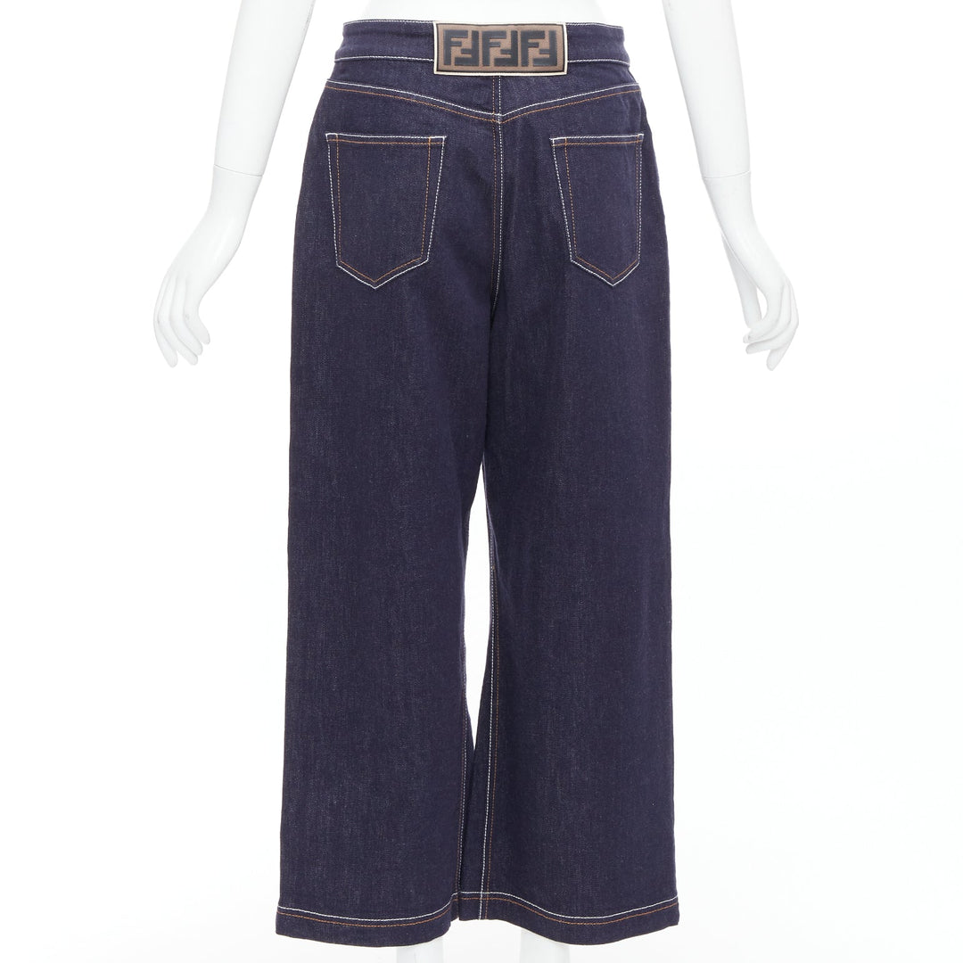 FENDI brown FF logo patch contrast stitch cropped wide leg jeans IT44 L