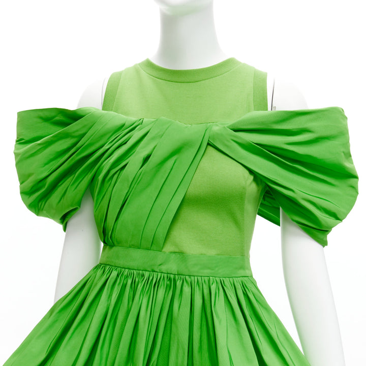 ALEXANDER MCQUEEN 2023 green cotton pleated peplum faille cold shoulder top IT38