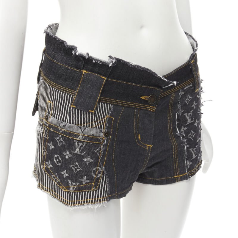 rare LOUIS VUITTON LV mongram jacquard raw cut patchwork shorts FR36 S