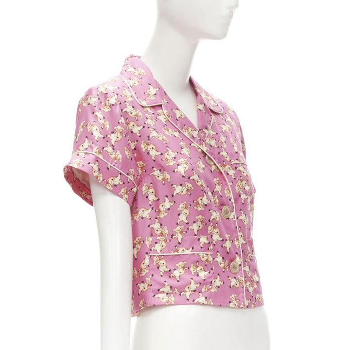 GUCCI CNY 2019 100% silk pink piggy print cropped pajama shirt IT36 XS rare