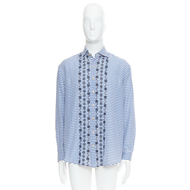 ROMEO GIGLI JOYCE blue cotton silk striped embroidery shirt IT50 L