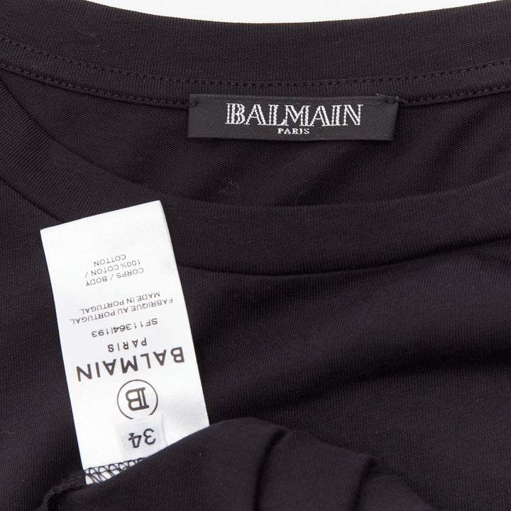 BALMAIN black white B logo gold military buttons tshirt FR34 XXS