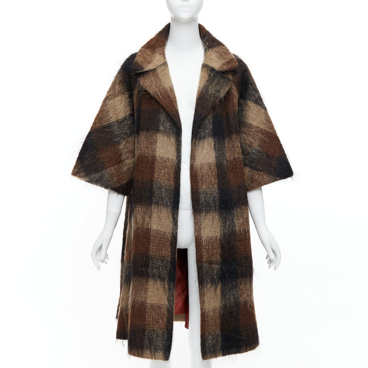 LILLI ANN Vintage brown checked mohair wide sleeve long overcoat