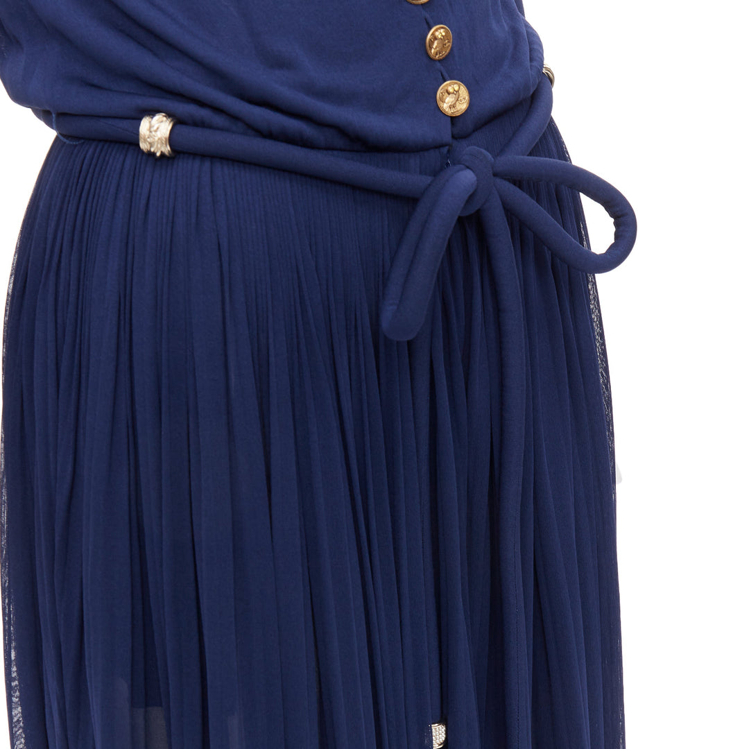 CHANEL 2017 Runway navy gold CC owl logo buttons pleated belted dress FR36 S
