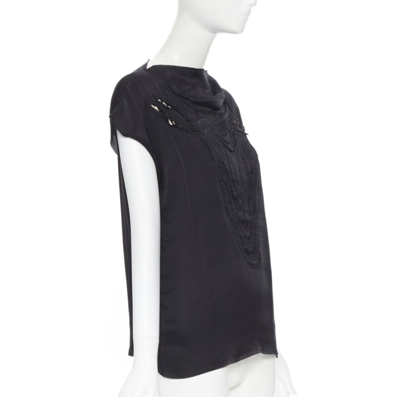 LANVIN ALBER ELBAZ 2009 black silk lurex gold cut out cap sleeve top FR36 XS