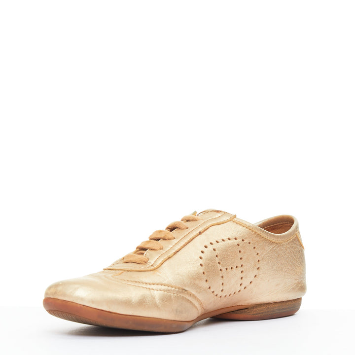 HERMES Pewter gold metallic perforated H leather laced flat sneakers EU37