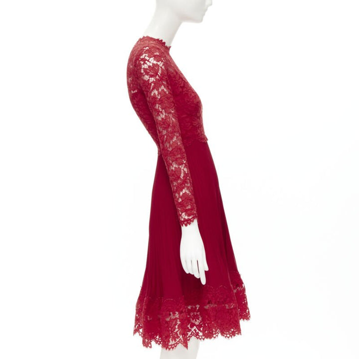 VALENTINO red floral lace knife pleat skirt cocktail dress IT38 XS