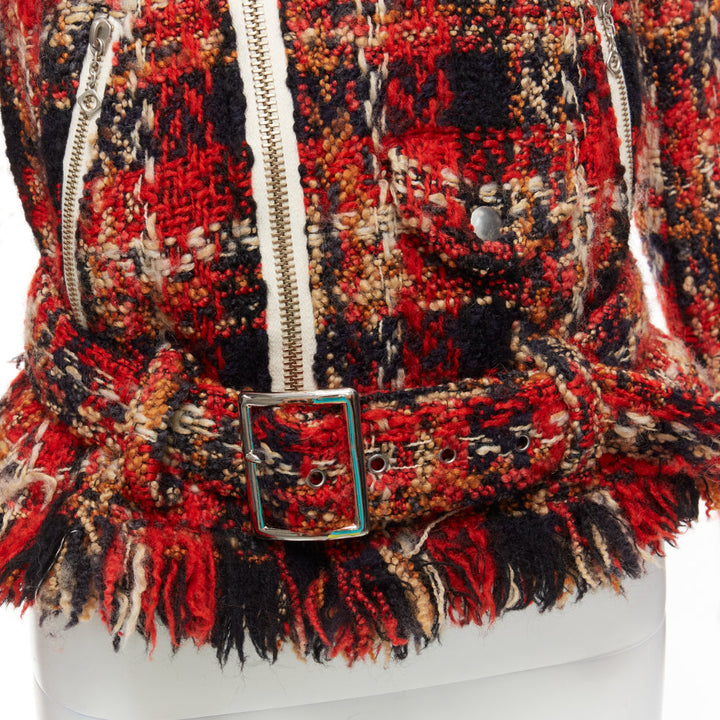 MIHARA YASUHIRO red plaid wool tweed PU trimmed biker jacket FR36 S
