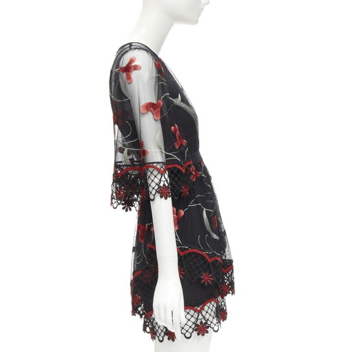 ALICE MCCALL Wish you Were Here black red guipere lace floral tulle dress US2 XS