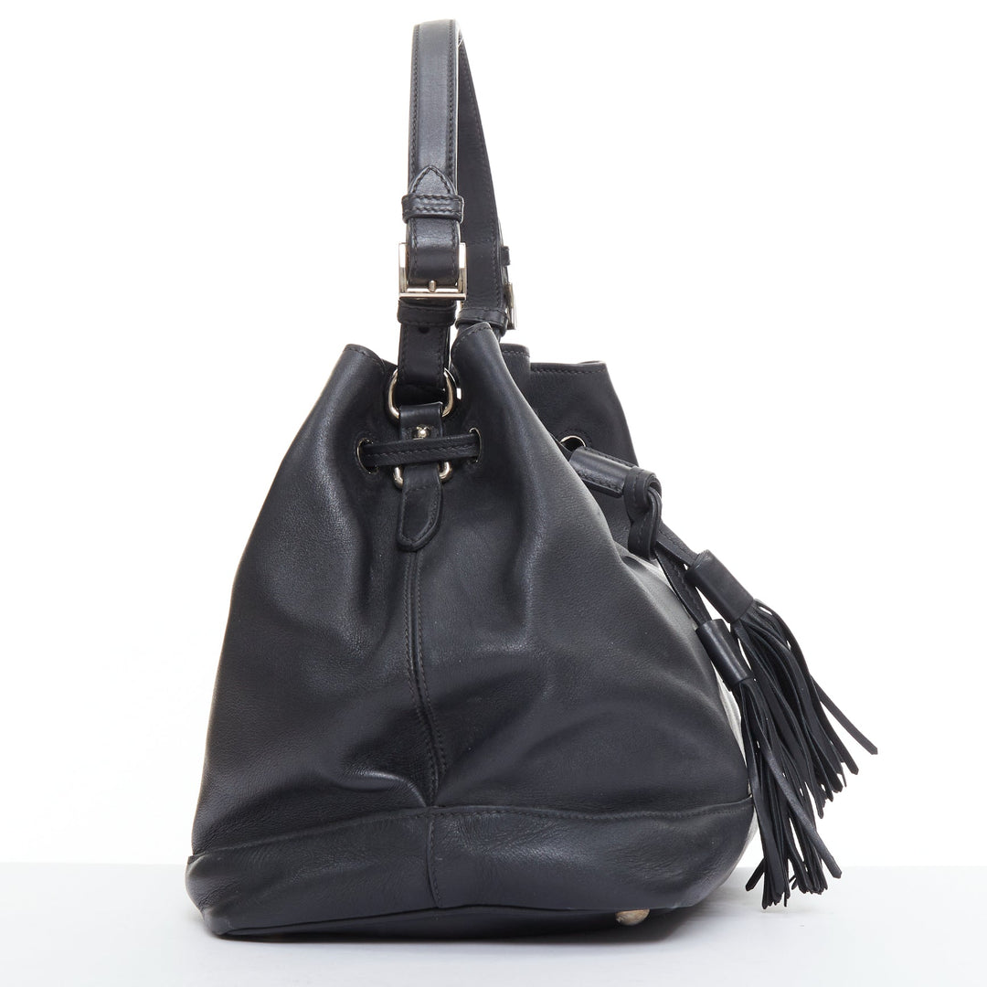 PRADA City Calf Bucket black calfskin leather triangle tassel drawstring bag