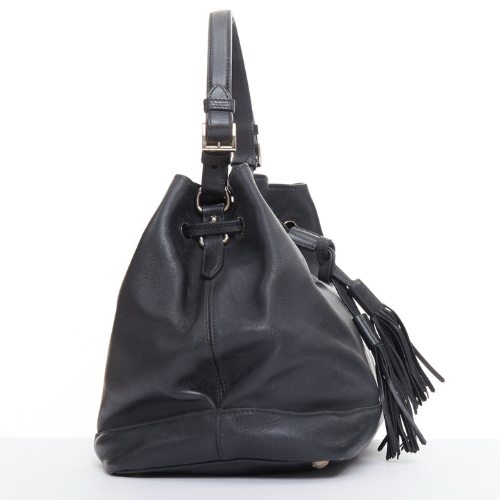 PRADA City Calf Bucket black calfskin leather triangle tassel drawstring bag