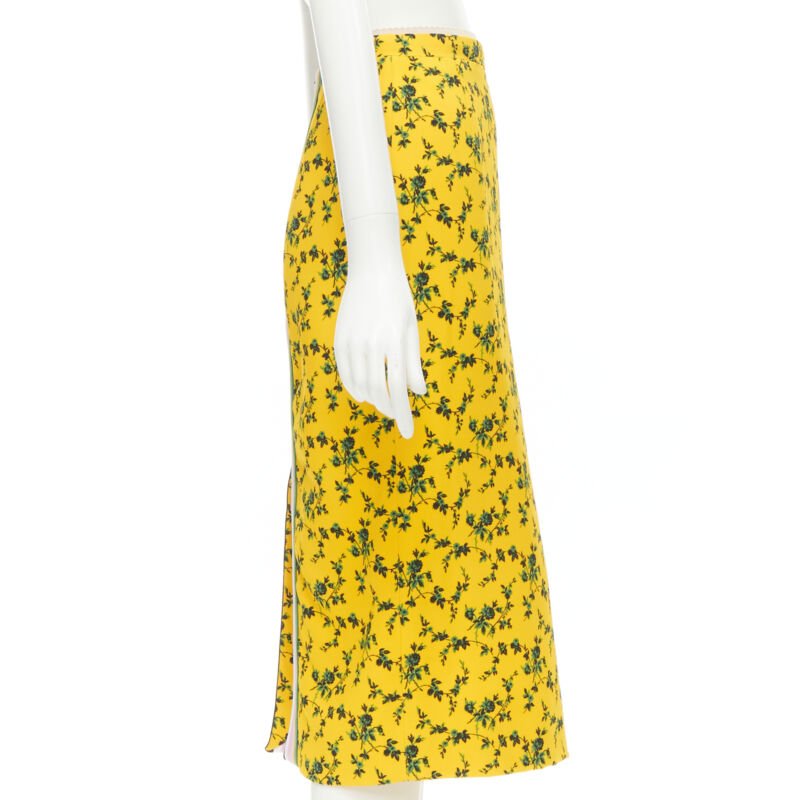 NO 21 yellow green leaf print contrast pink band pencil skirt IT38 XS