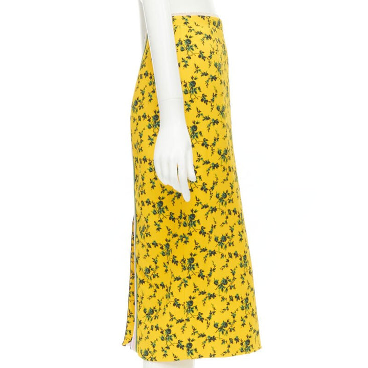 NO 21 yellow green leaf print contrast pink band pencil skirt IT38 XS