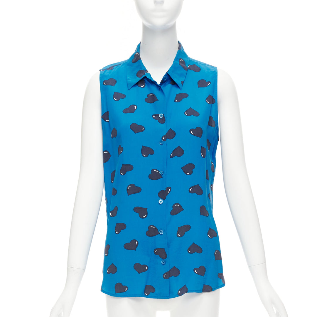 EQUIPMENT 100% silk  electric blue black heart printed sleeveless blouse M