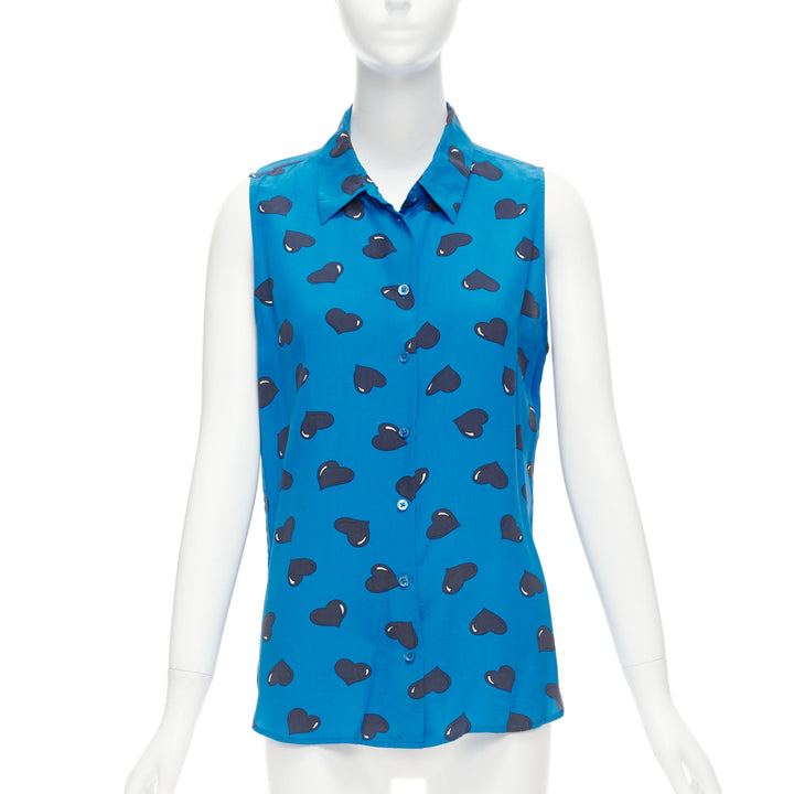 EQUIPMENT 100% silk  electric blue black heart printed sleeveless blouse M
