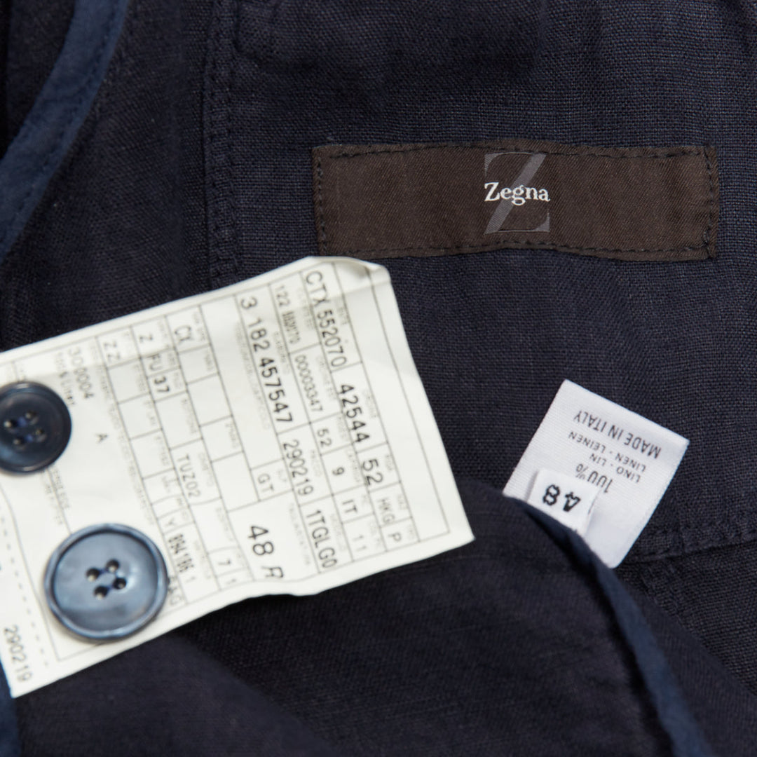 ERMENEGILDO ZEGNA navy linen 3 pockets stand collar light blazer IT48 M