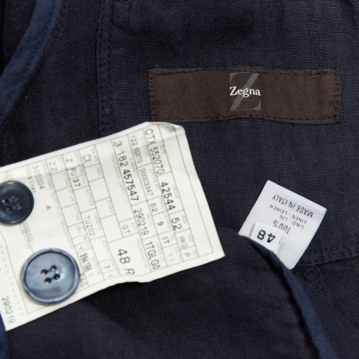ERMENEGILDO ZEGNA navy linen 3 pockets stand collar light blazer IT48 M