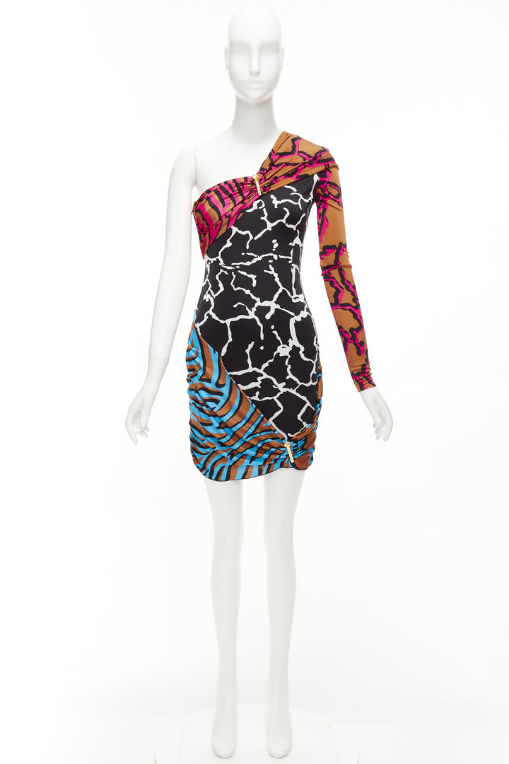 VERSACE Runway mixed giraffe print gold logo clip body con wiggle dress IT36 XXS