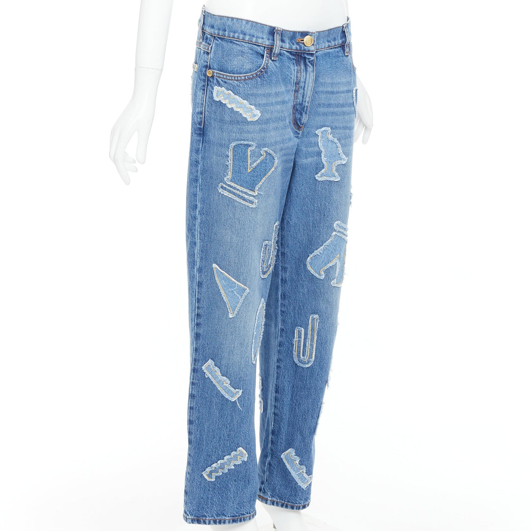 CHANEL 19A blue cotton hieroglyphics patch straight leg jeans FR40 L