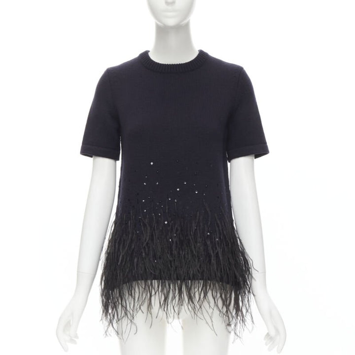 MICHAEL KORS COLLECTION navy feather sequins embellished cashmere sweater XS