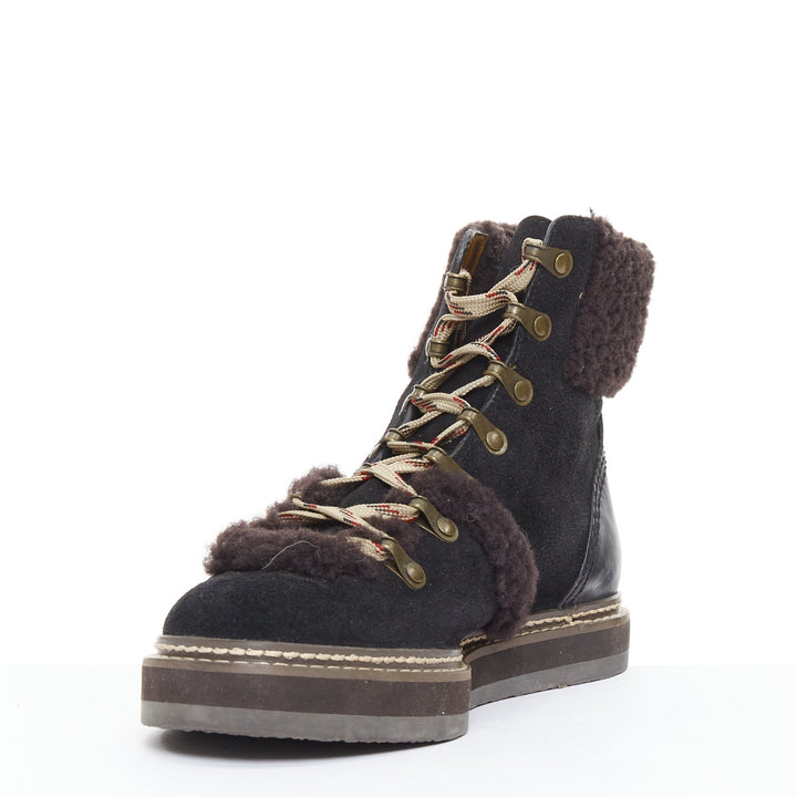 SEE BY CHLOE Eileen brown shearling black suede mountain hiking boots EU37