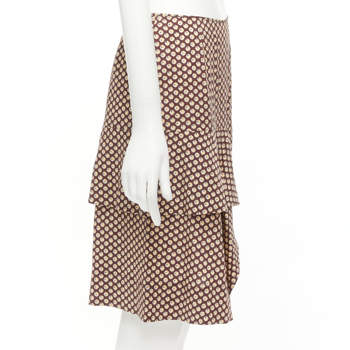 MARNI brown yellow floral silk blend ruffle drape front mid skirt IT40 S