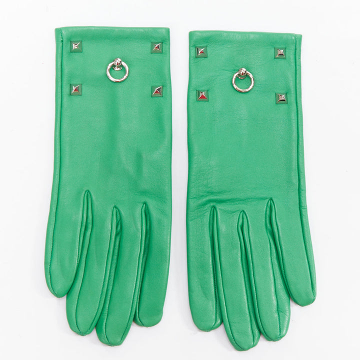HERMES kelly green leather silver Medor stud ring silk lined gloves Sz6.5