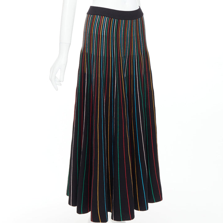 RED VALENTINO black rainbow stripe cotton blend knitted midi skirt S
