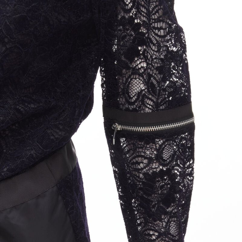 SACAI navy velvet floral lace pink zipper trim romper playsuit S