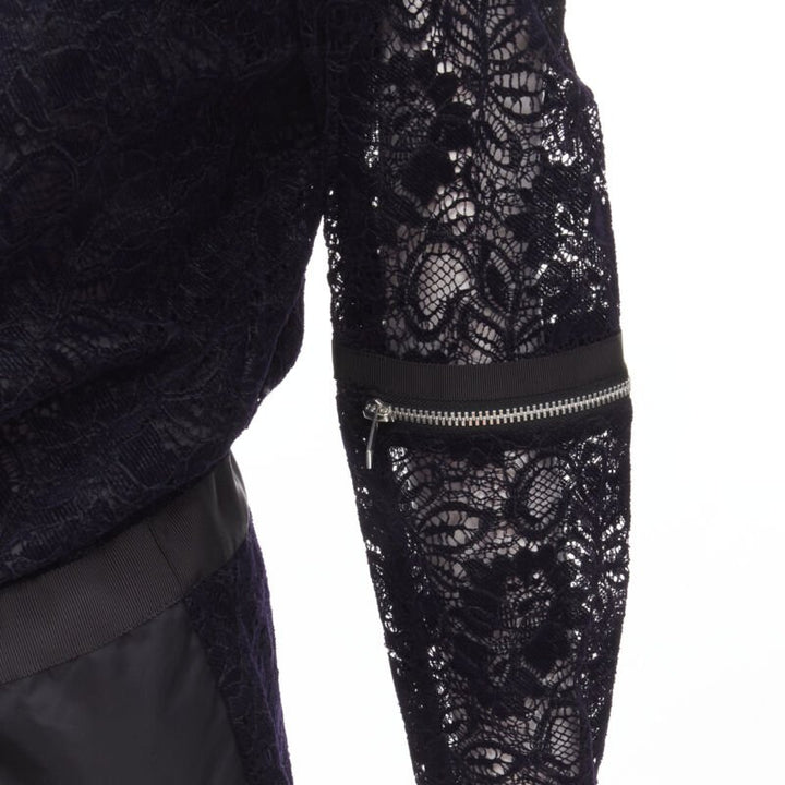 SACAI navy velvet floral lace pink zipper trim romper playsuit S