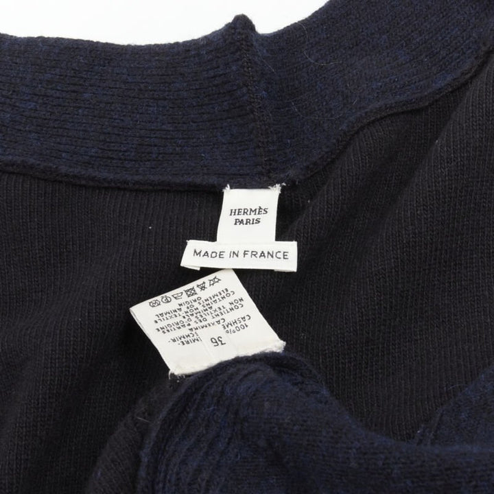 HERMES 100% cashmere Medor leather button navy black long line cardigan FR36 XS