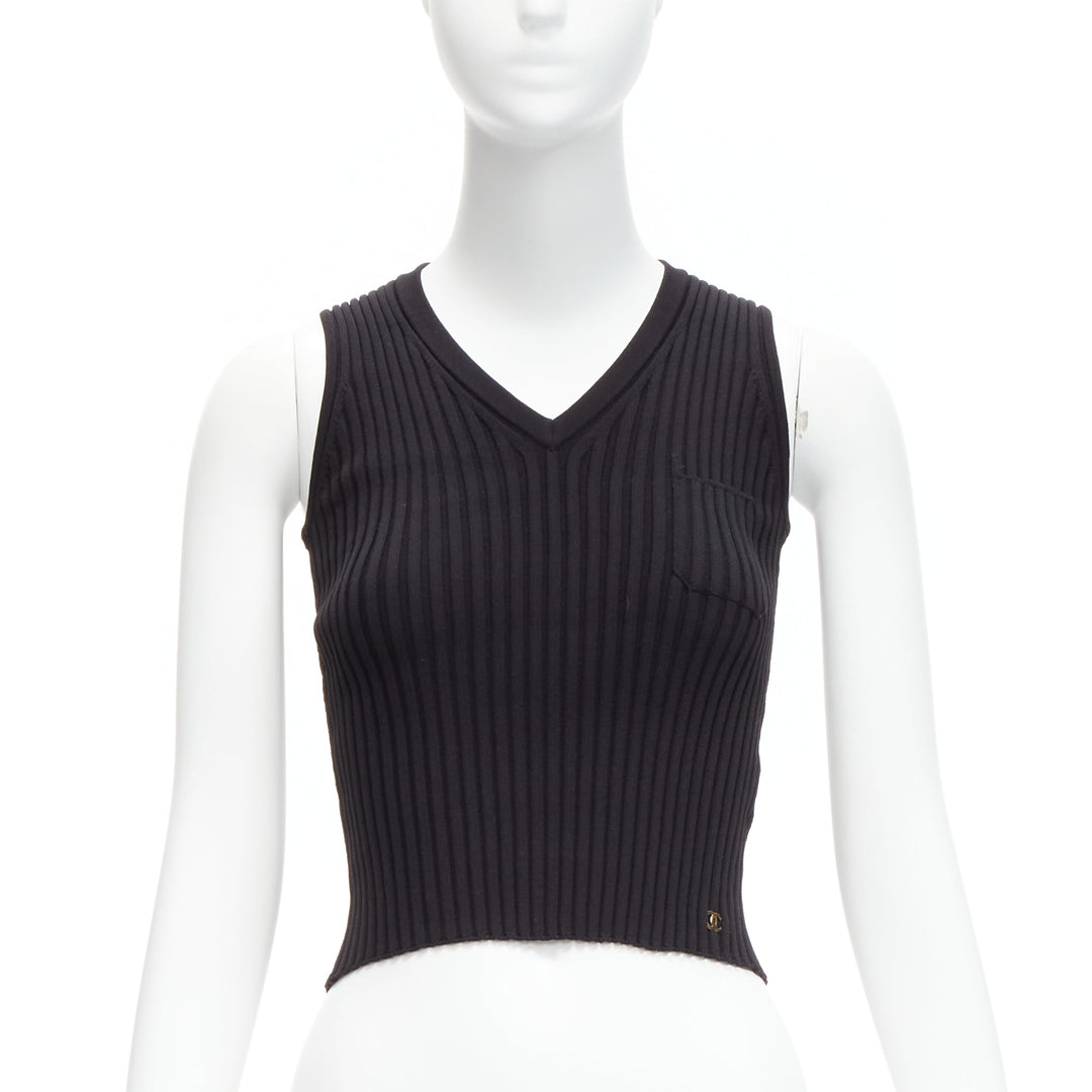 CHANEL 01A gold CC logo charm  black ribbed V neck cropped vest top FR38 M
