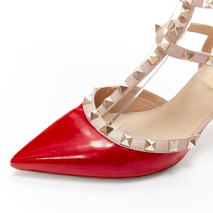 VALENTINO Rockstud red patent leather gold stud caged pump EU38