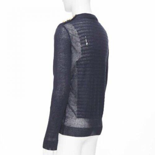 BALMAIN 100% linen navy stripe gold military button distressed sweater XS