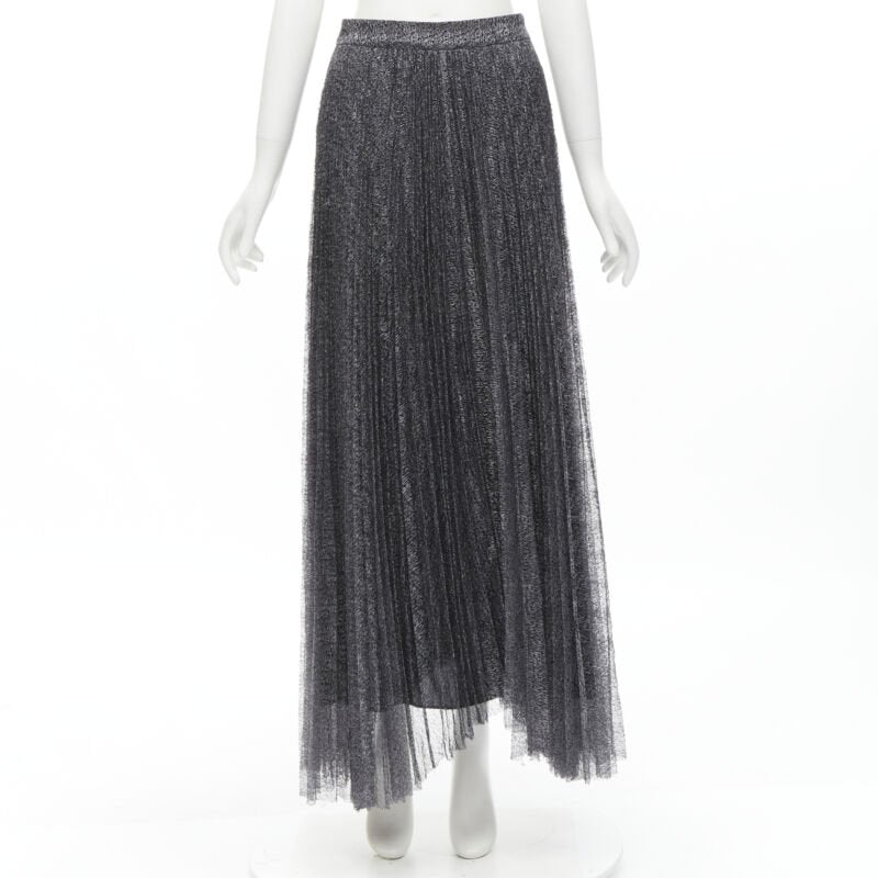 ALICE OLIVIA metallic silver thread black pleated asymmetric hem skirt US2