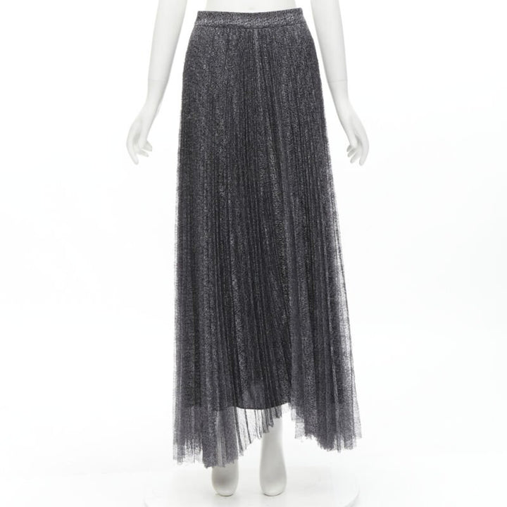 ALICE OLIVIA metallic silver thread black pleated asymmetric hem skirt US2