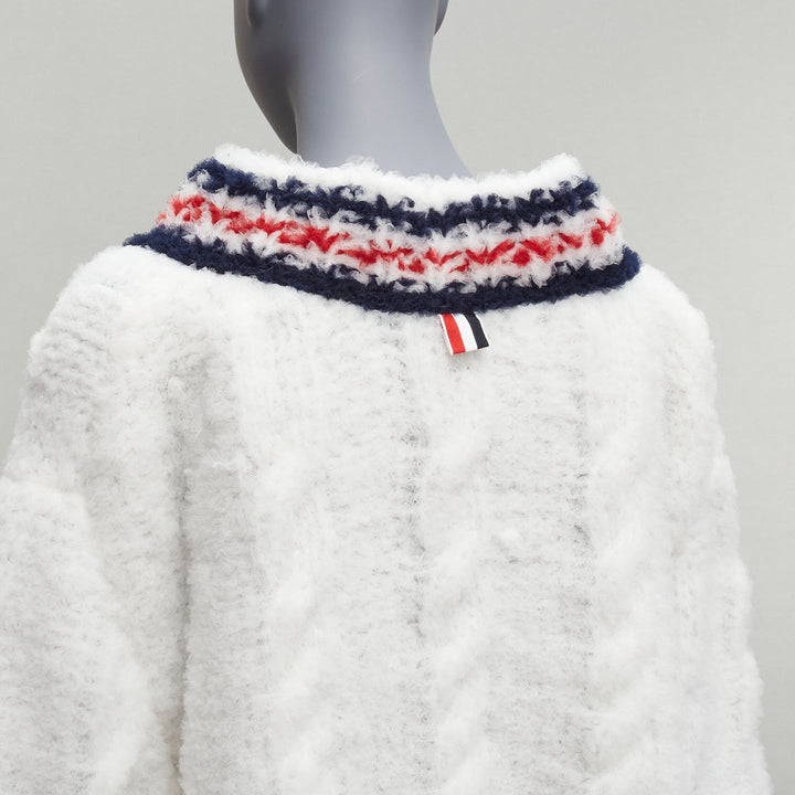 rare THOM BROWNE 2018 Runway hand knit tulle oversized varsity sweater IT36 XXS